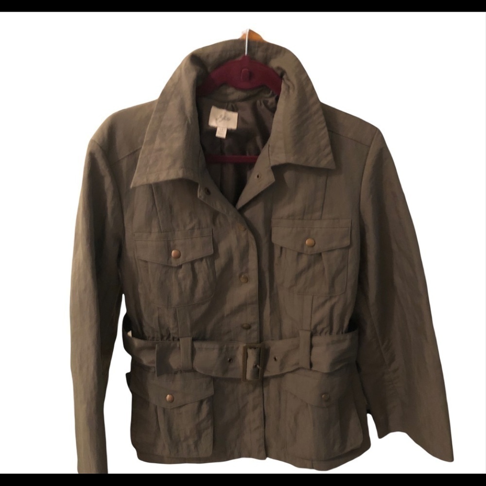 J.Jill Olive Green Short Lined Trench Coat Belted Pockets Size LP Casual
